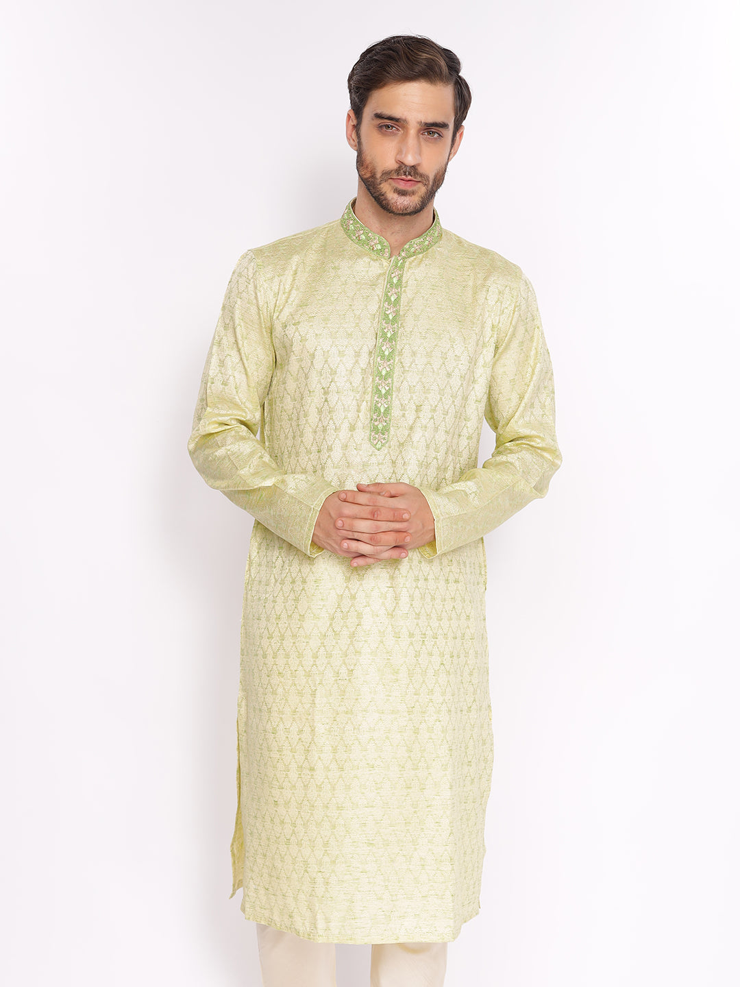 Full Sleeve Self Design Kurta and Pyjama Set in Green Silk Blend