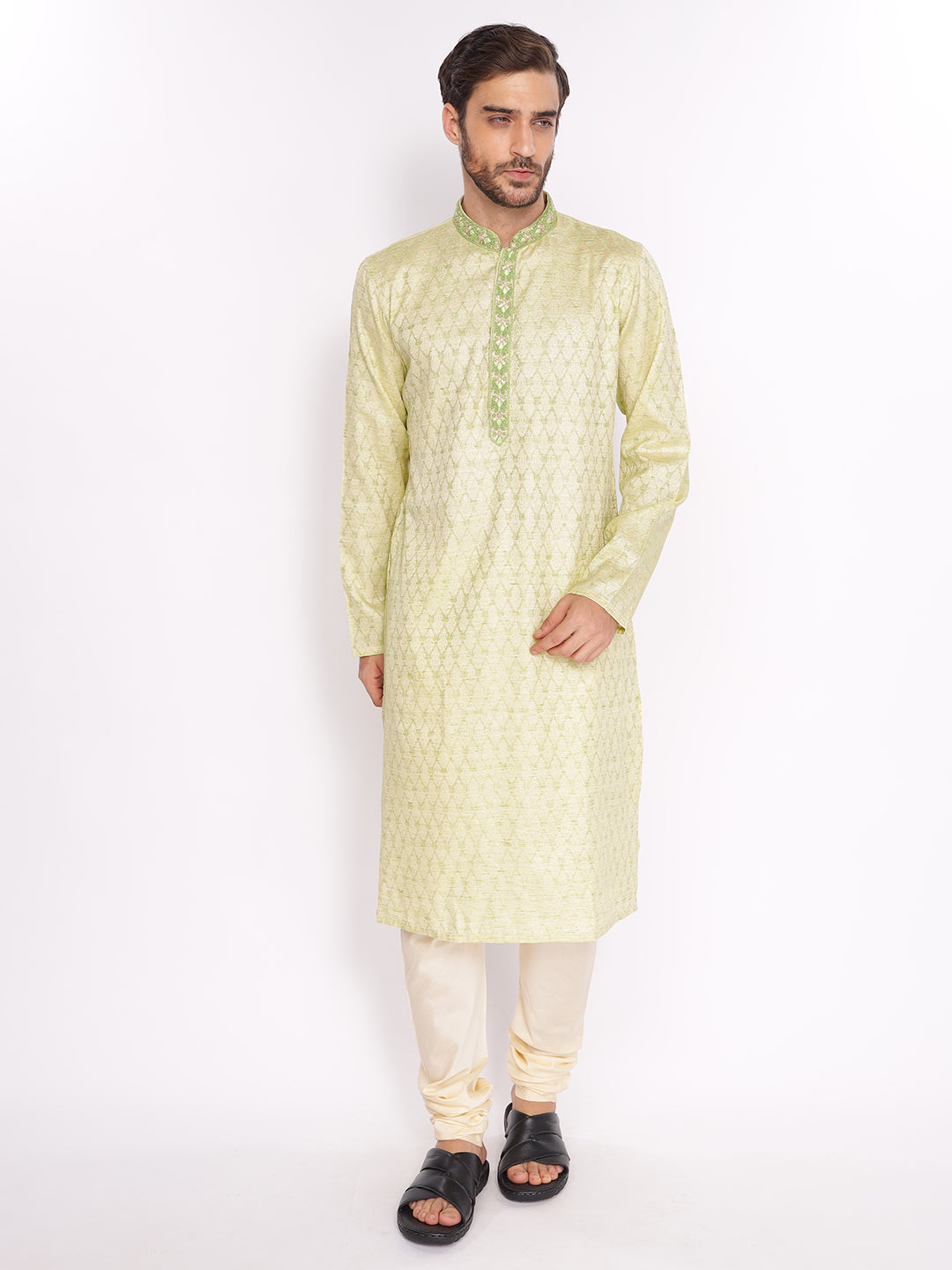 Full Sleeve Self Design Kurta and Pyjama Set in Green Silk Blend