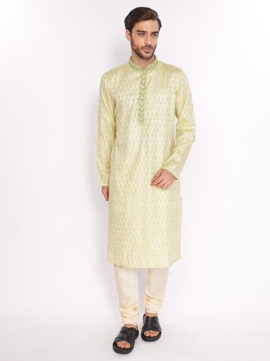 Full Sleeve Self Design Kurta and Pyjama Set in Green Silk Blend