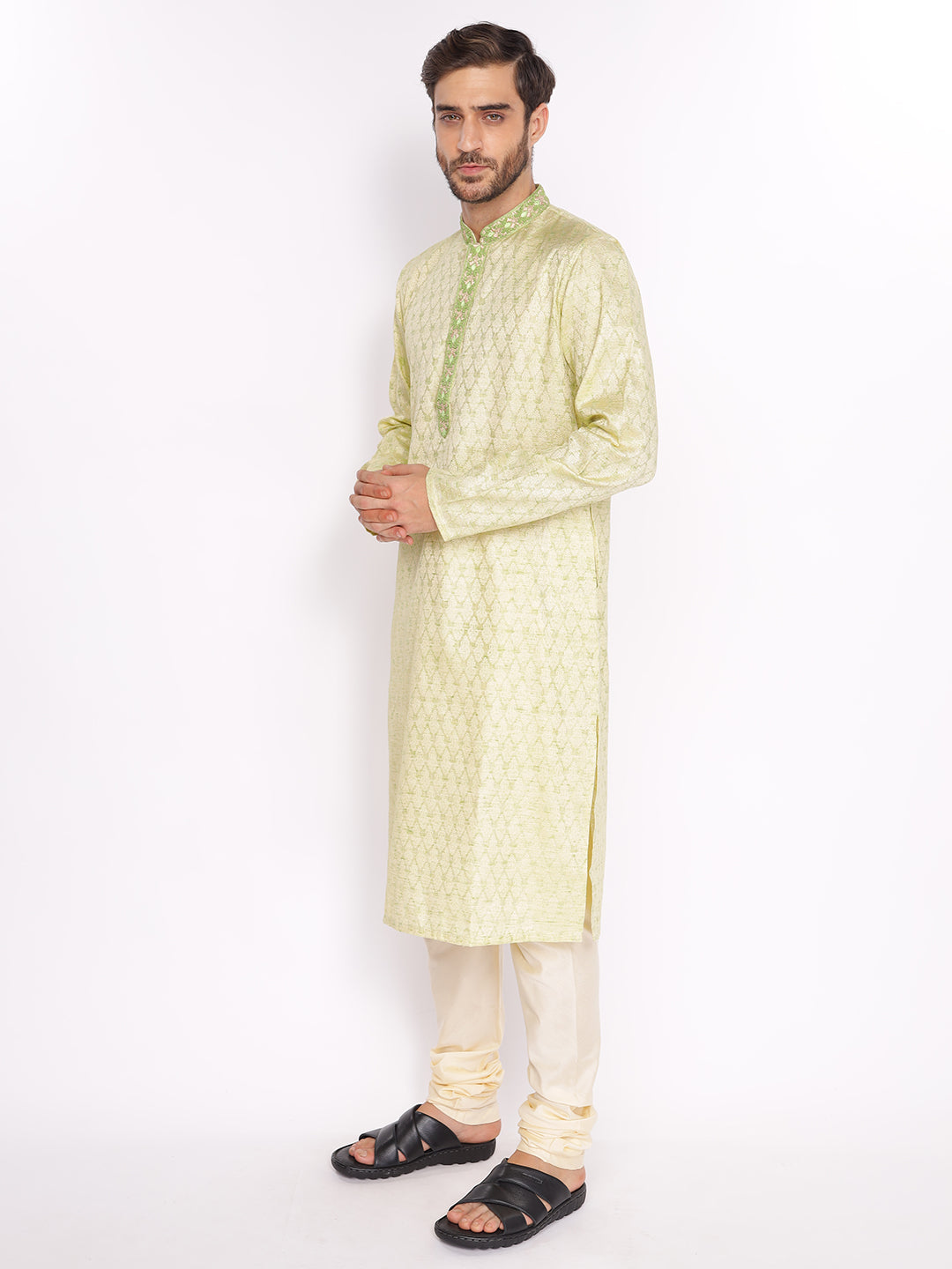 Full Sleeve Self Design Kurta and Pyjama Set in Green Silk Blend
