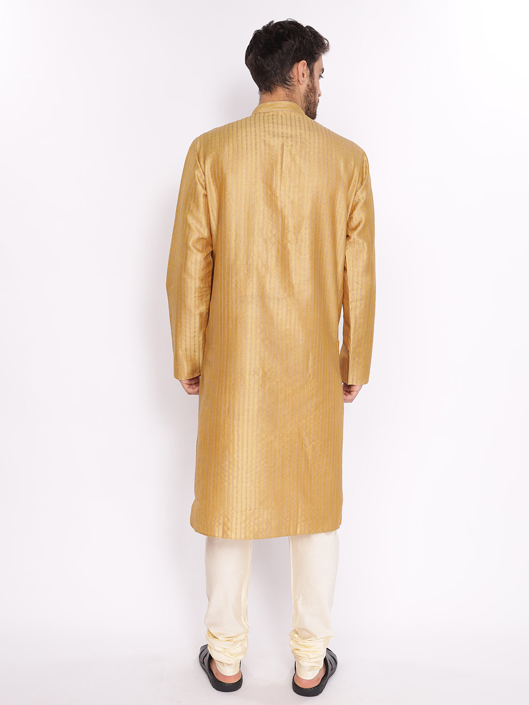 Full Sleeve Solid Kurta and Pyjama Set in Gold Cotton Blend