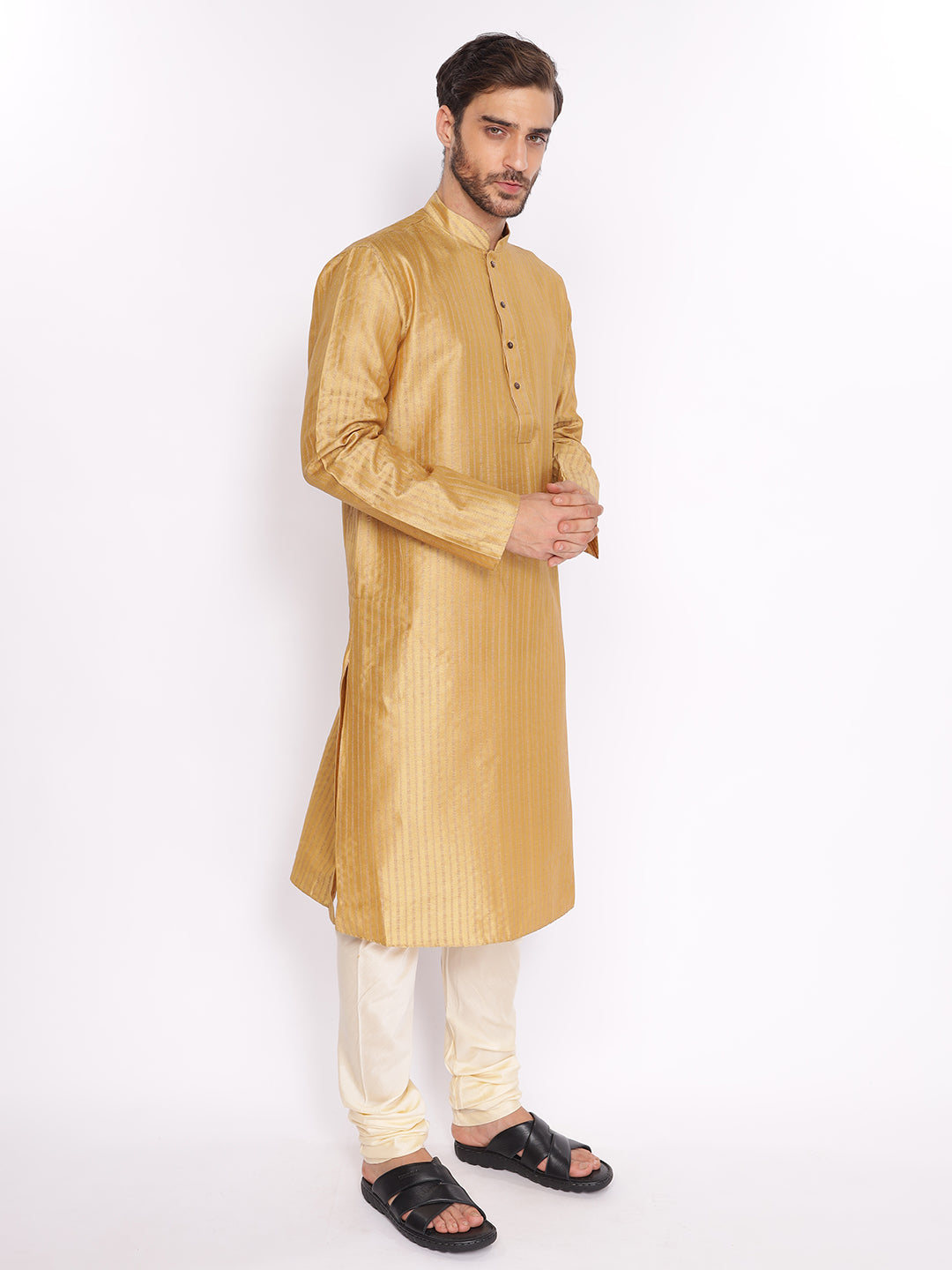 Full Sleeve Solid Kurta and Pyjama Set in Gold Cotton Blend