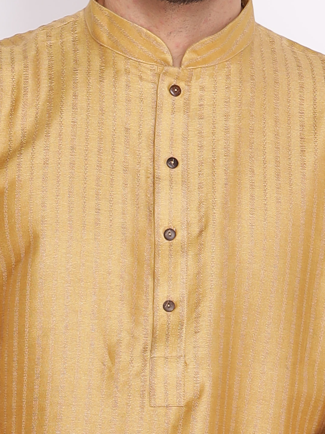 Full Sleeve Solid Kurta and Pyjama Set in Gold Cotton Blend
