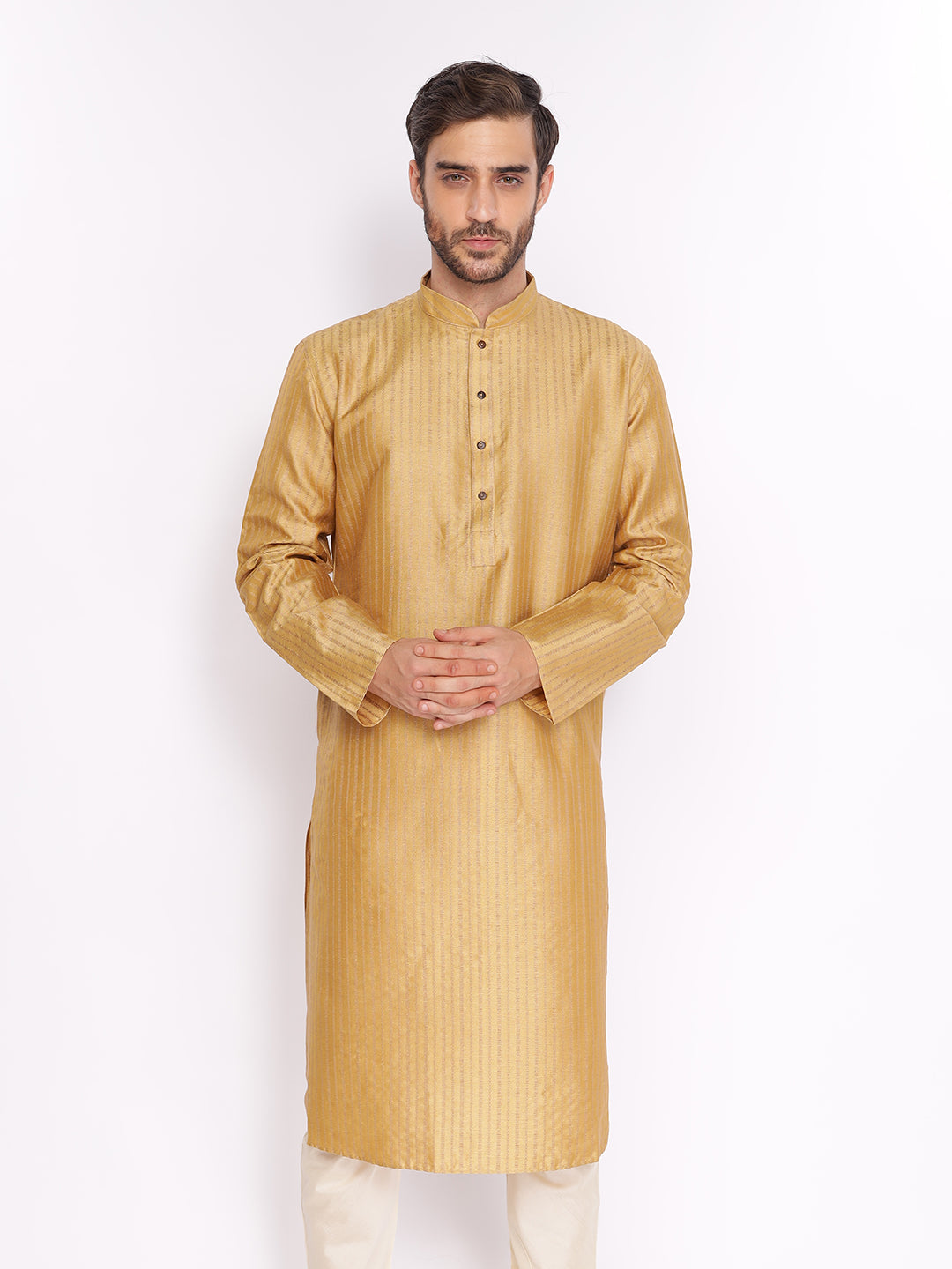 Full Sleeve Solid Kurta and Pyjama Set in Gold Cotton Blend