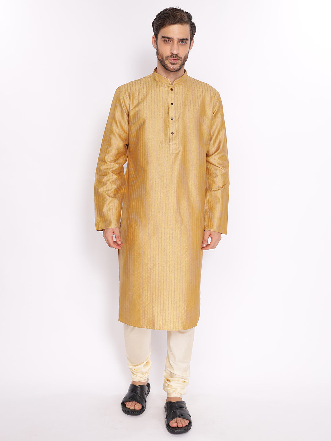 Full Sleeve Solid Kurta and Pyjama Set in Gold Cotton Blend