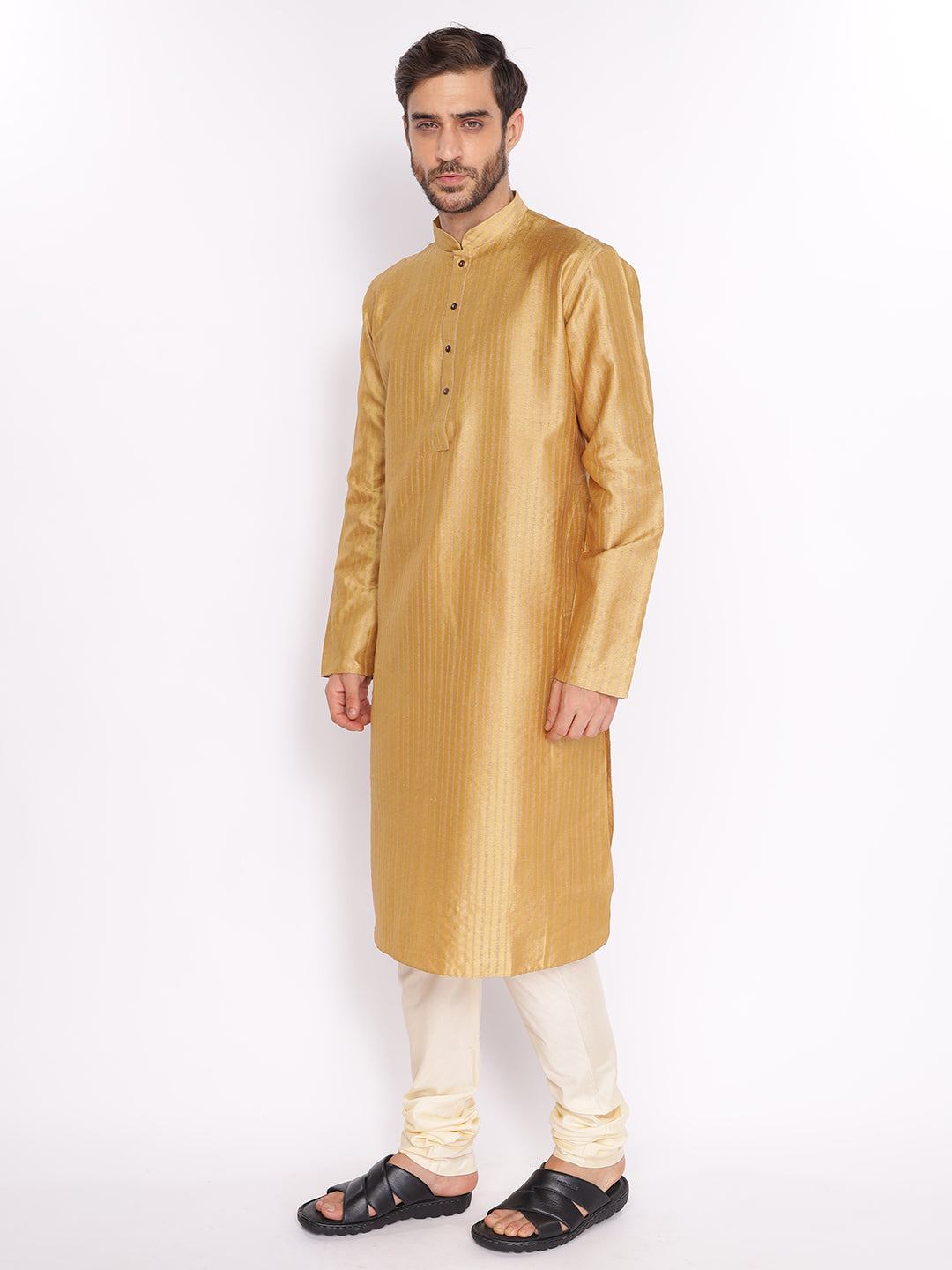 Full Sleeve Solid Kurta and Pyjama Set in Gold Cotton Blend