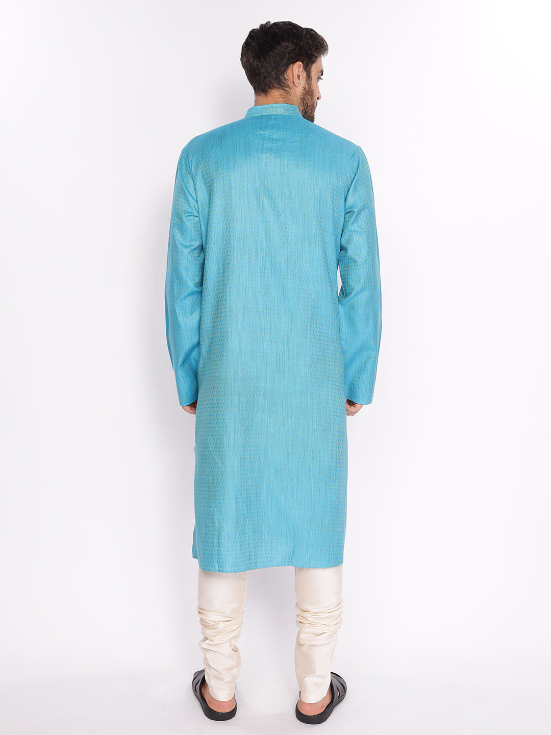 Full Sleeve Self Design Kurta and Pyjama Set in Blue Cotton Blend