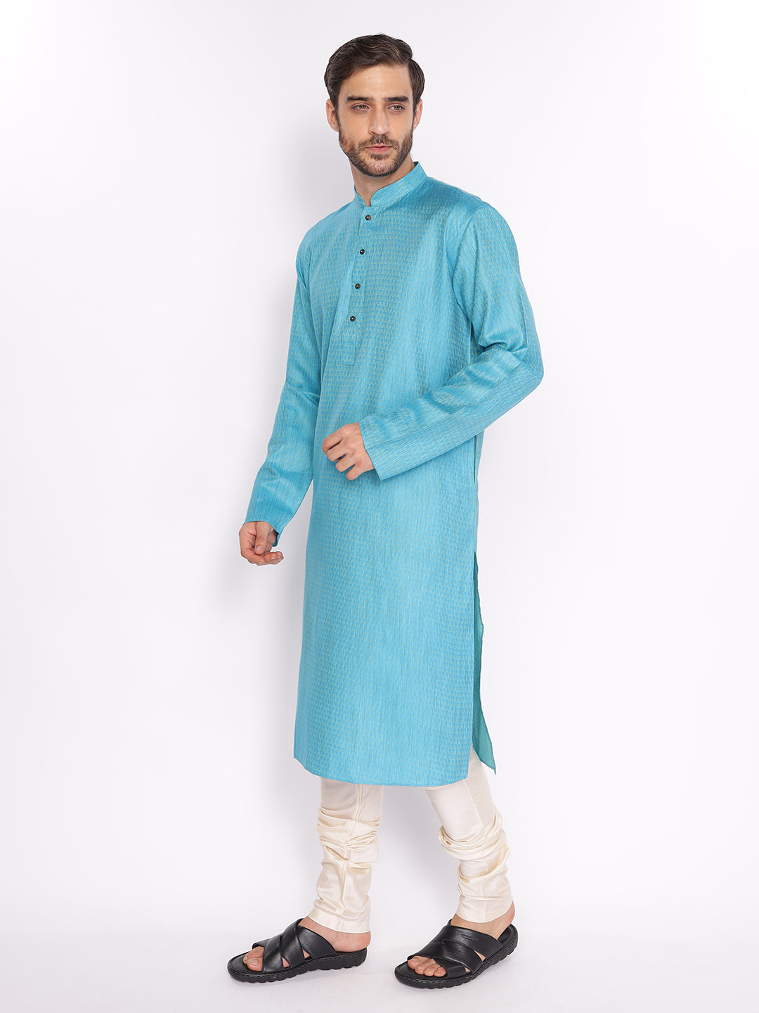 Full Sleeve Self Design Kurta and Pyjama Set in Blue Cotton Blend