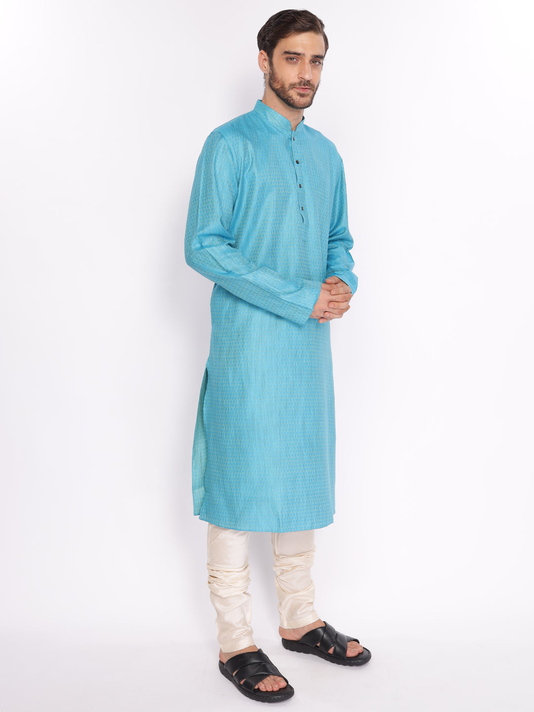 Full Sleeve Self Design Kurta and Pyjama Set in Blue Cotton Blend