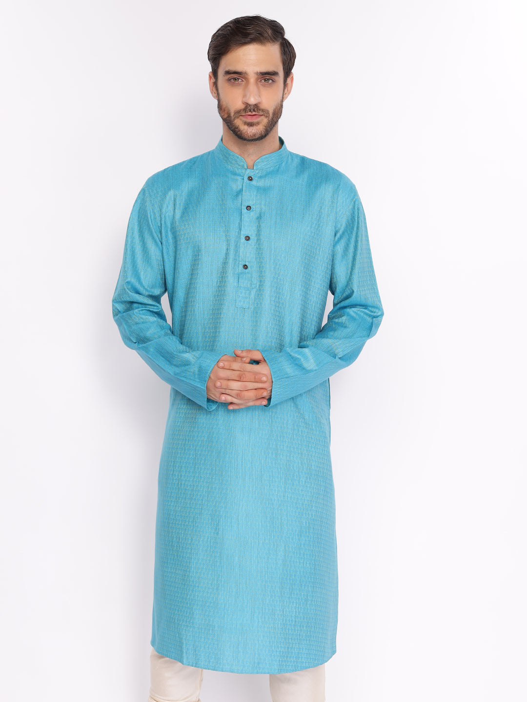 Full Sleeve Self Design Kurta and Pyjama Set in Blue Cotton Blend