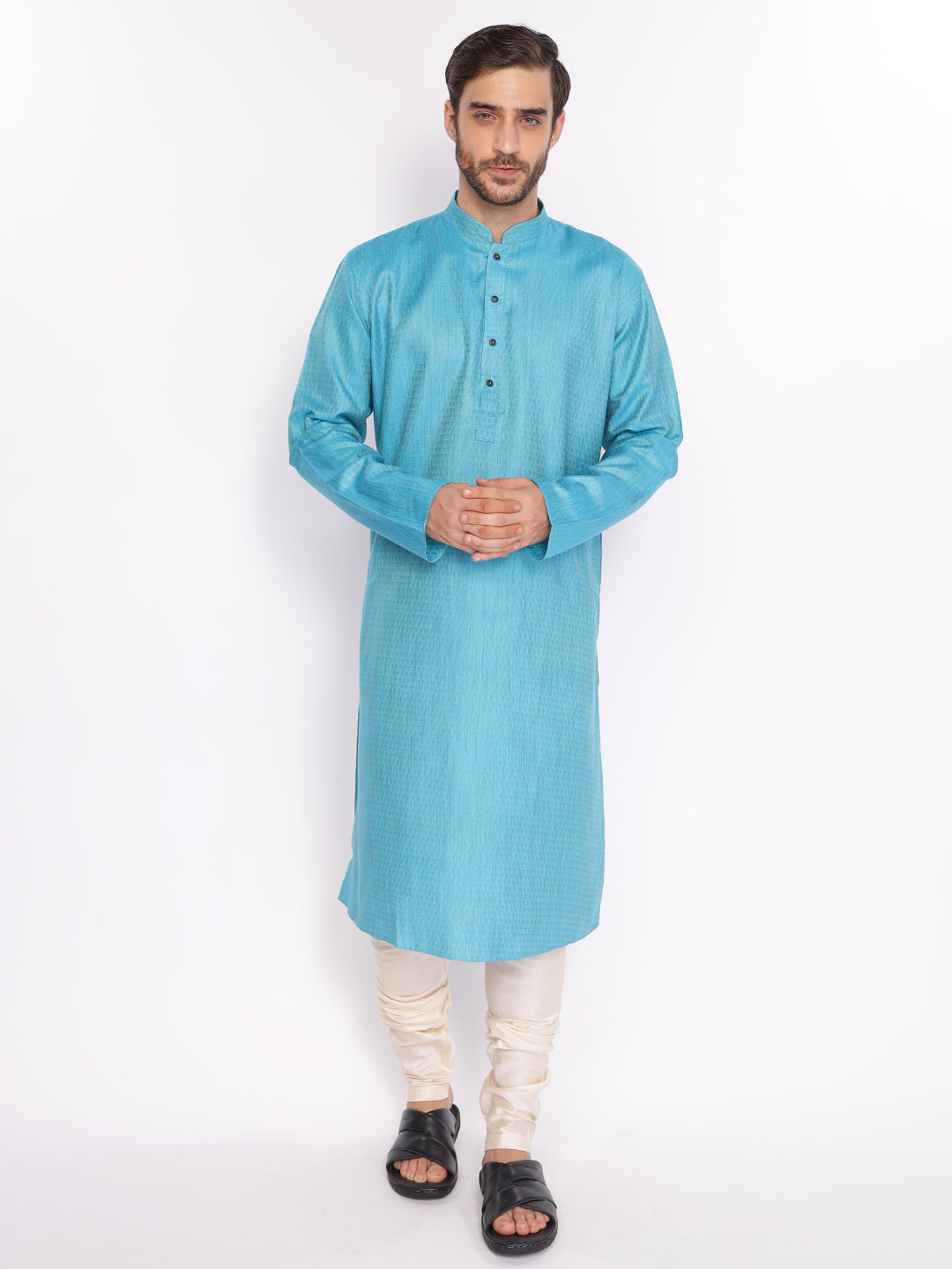 Full Sleeve Self Design Kurta and Pyjama Set in Blue Cotton Blend