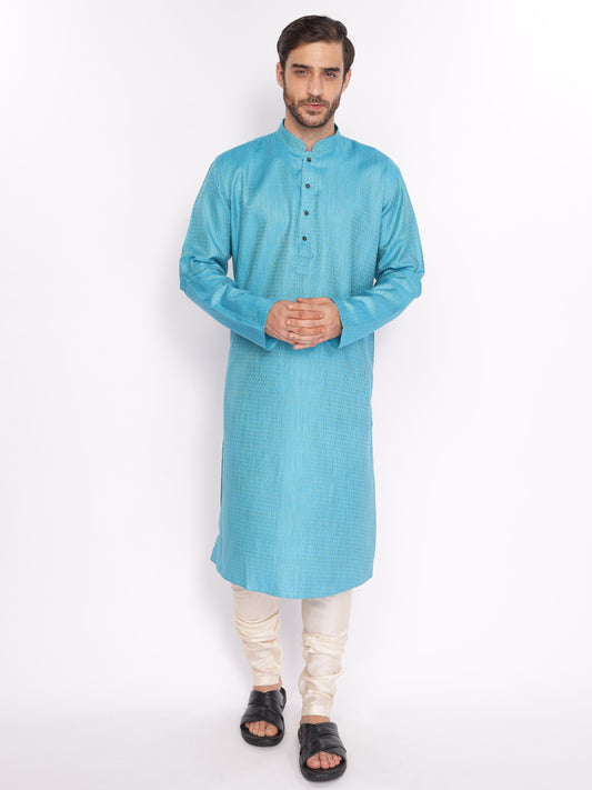Full Sleeve Self Design Kurta and Pyjama Set in Blue Cotton Blend