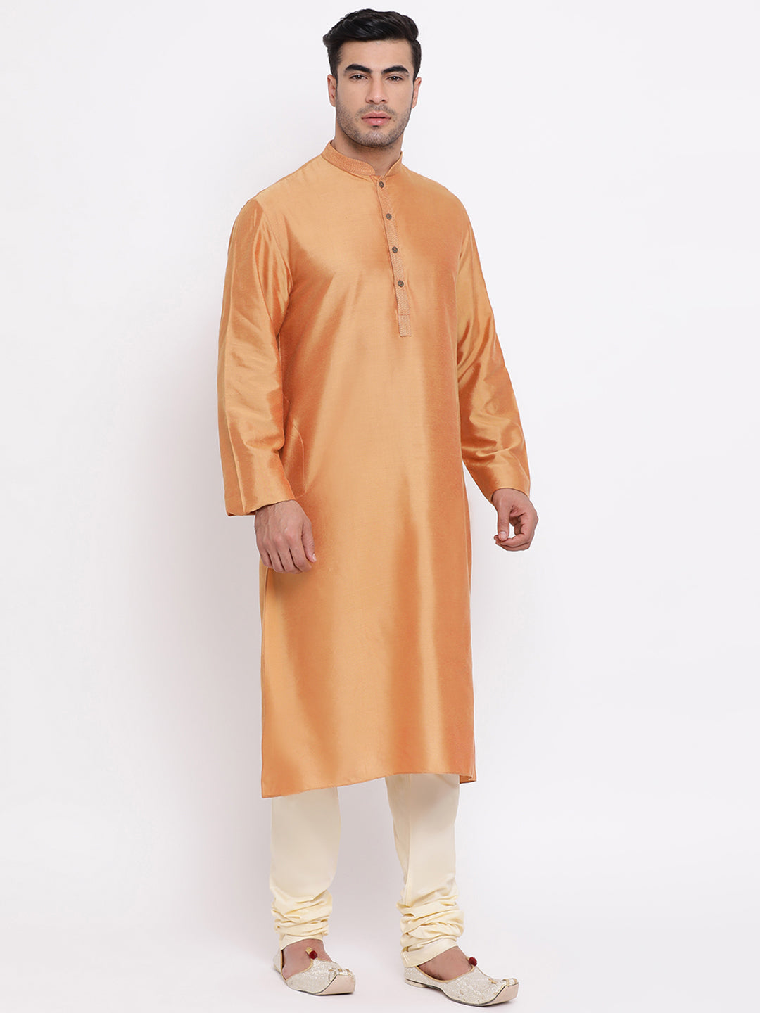 Full Sleeve Solid Kurta and Churidar Set in Gold Silk Blend