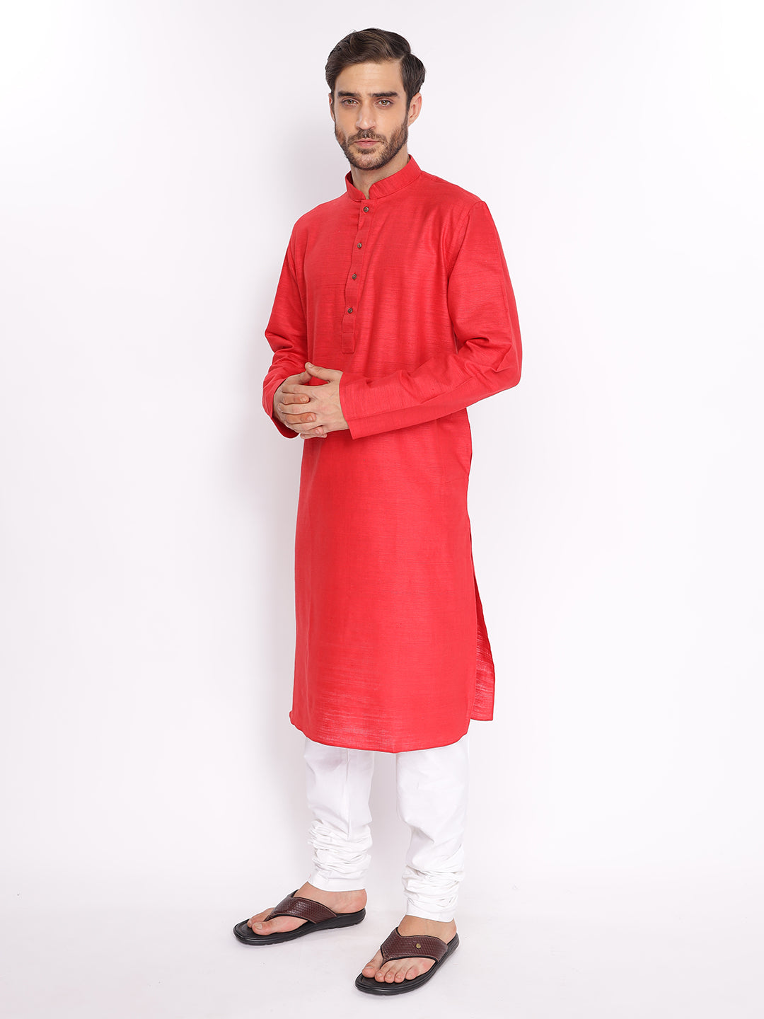 Full Sleeve Solid Kurta and Pyjama Set in Red Khadi Cotton