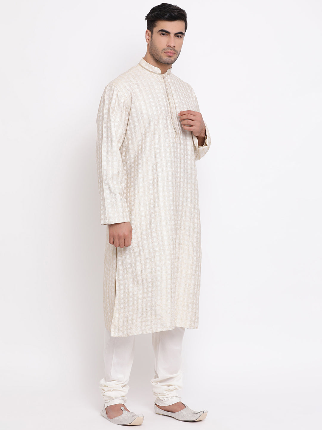 Full Sleeve Woven Kurta and Churidar Set in Beige Khadi Cotton