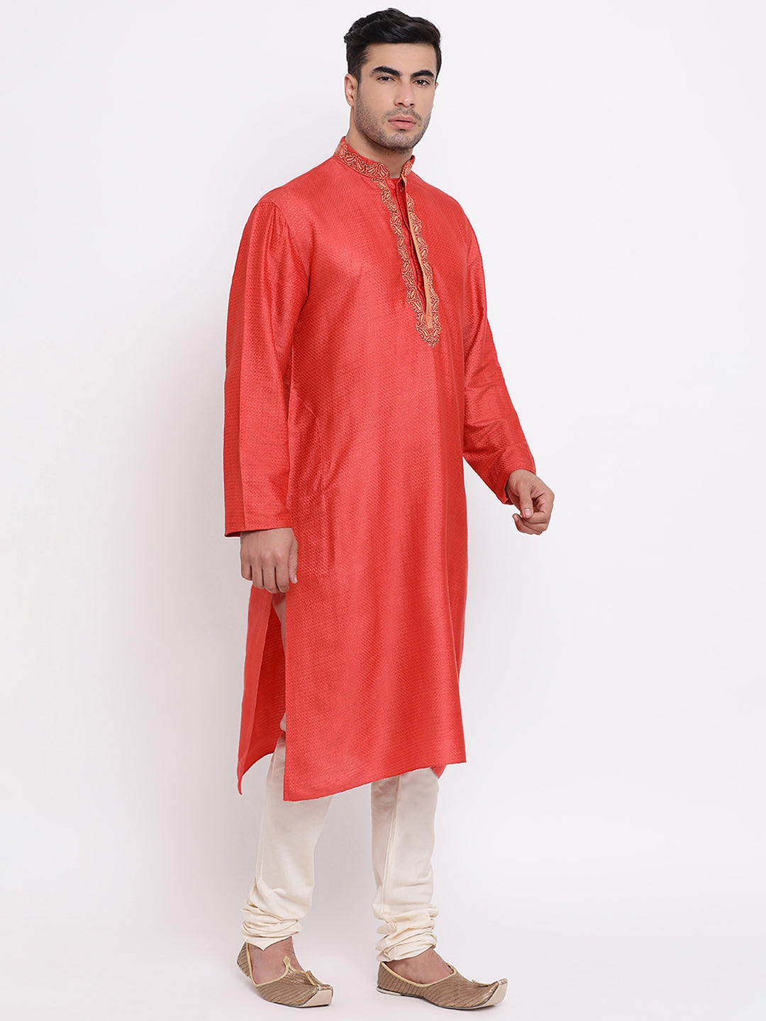 Full Sleeve Embroidered Kurta and Churidar Set in Red Cotton Silk