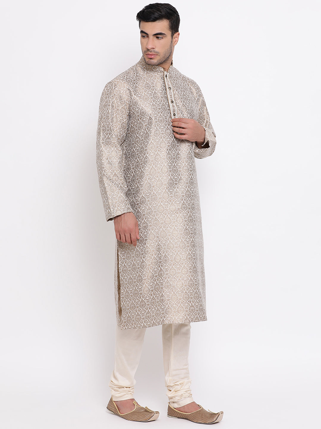 Full Sleeve Woven Kurta and Churidar Set in Beige Jacquard