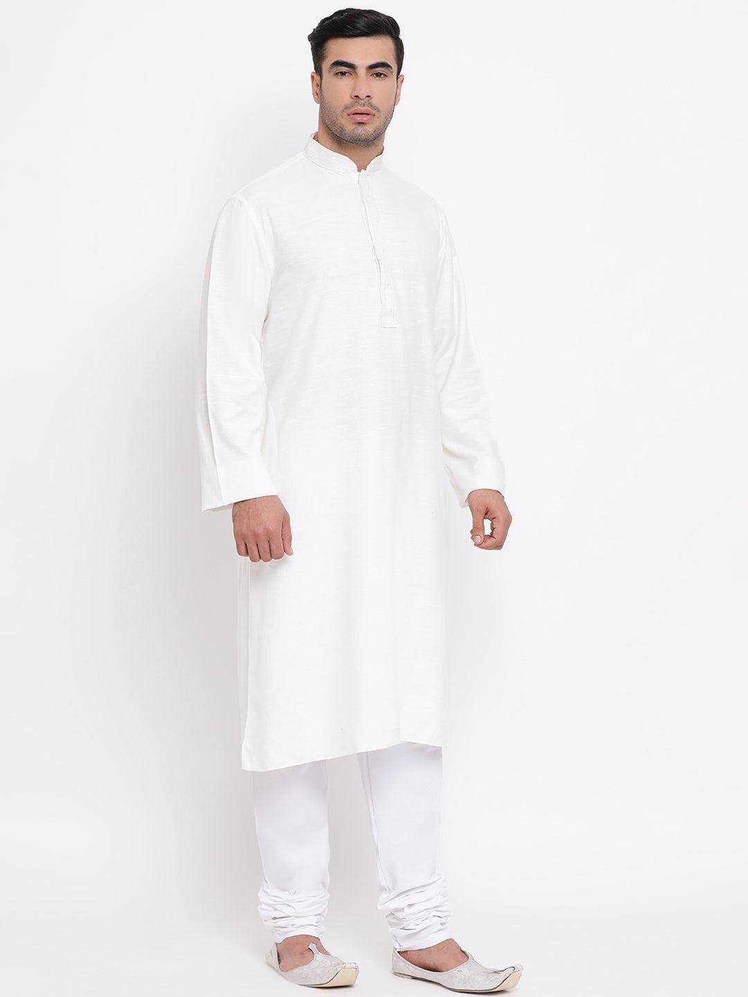 Full Sleeve Solid Kurta and Churidar Set in White Khadi Cotton