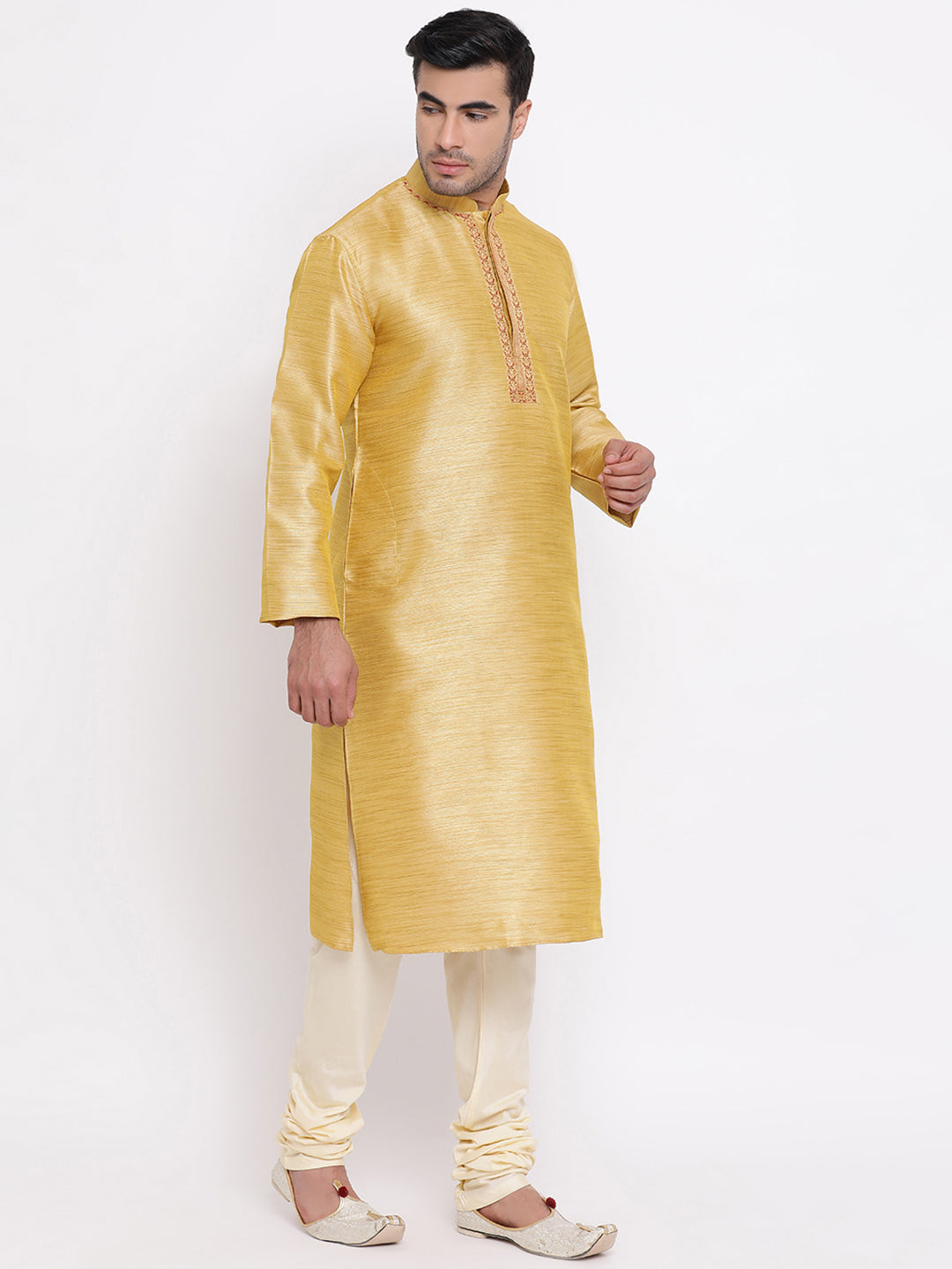 Full Sleeve Embroidered Kurta and Churidar Set in Gold Silk Blend
