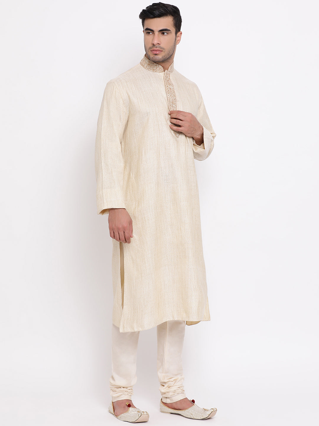 Full Sleeve Embroidered Kurta and Churidar Set in Beige Cotton Blend