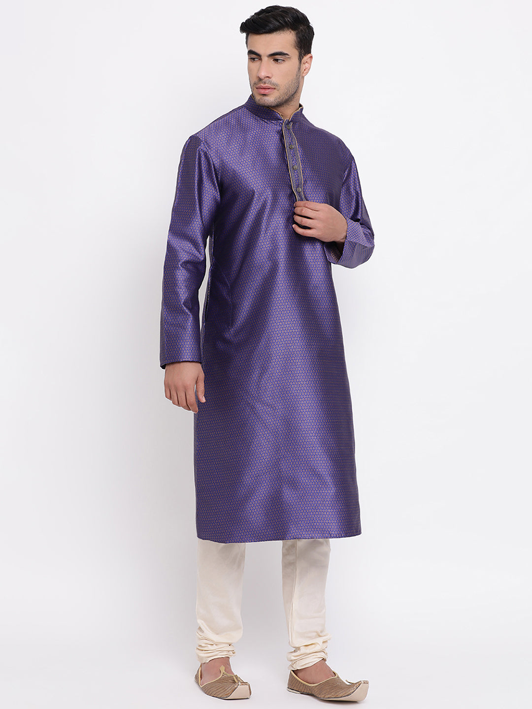 Full Sleeve Woven Kurta and Churidar Set in Blue Jacquard