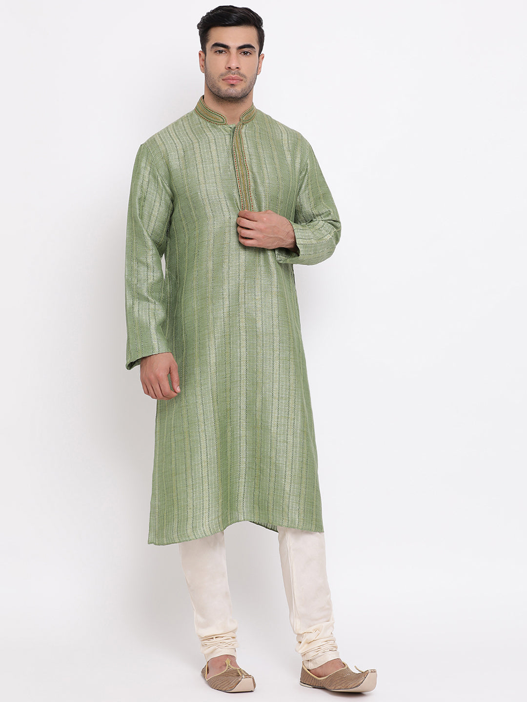 Full Sleeve Embroidered Kurta and Churidar Set in Dark Green Cotton Blend