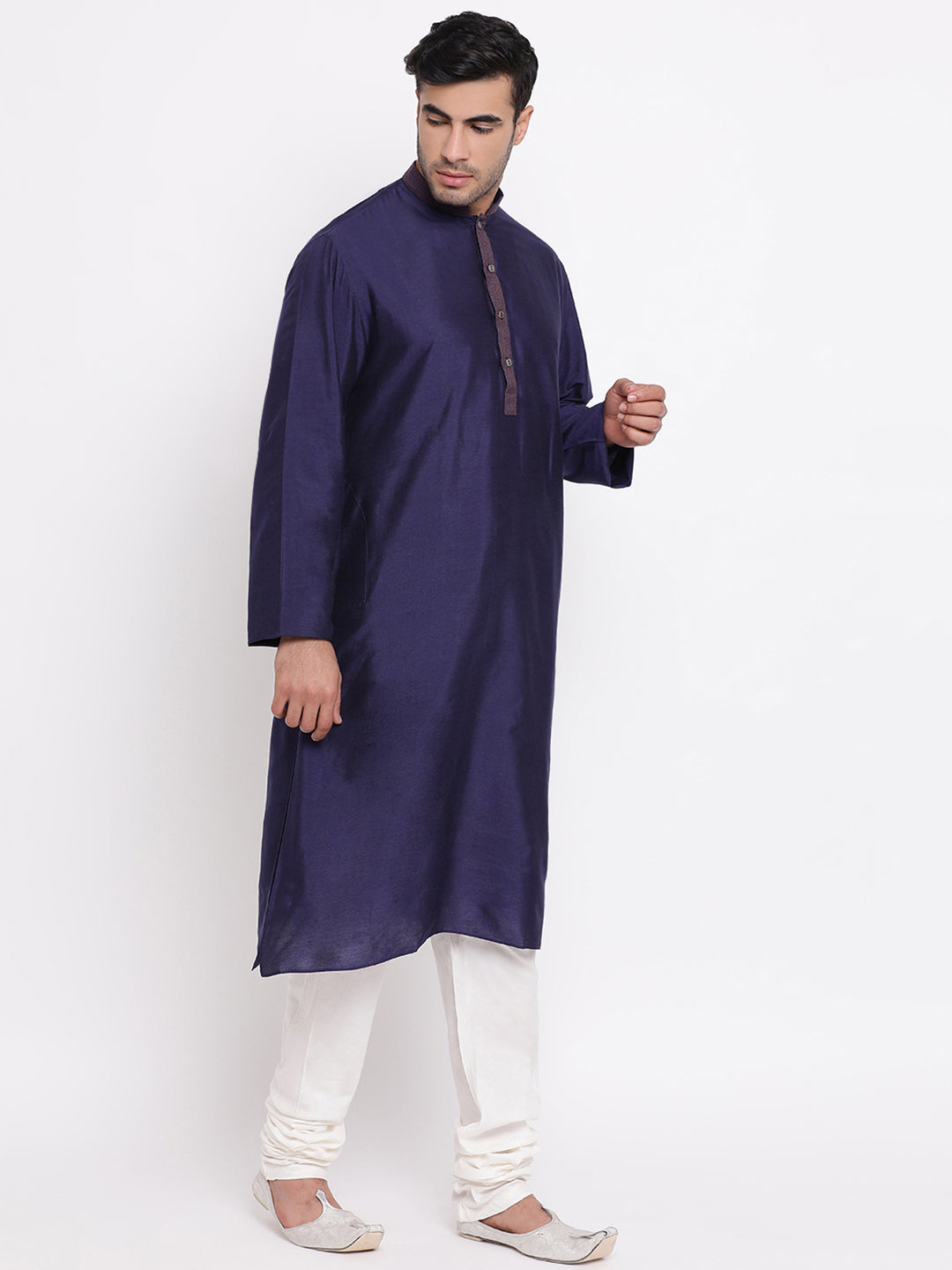 Full Sleeve Solid Kurta and Churidar Set in Blue Silk Blend