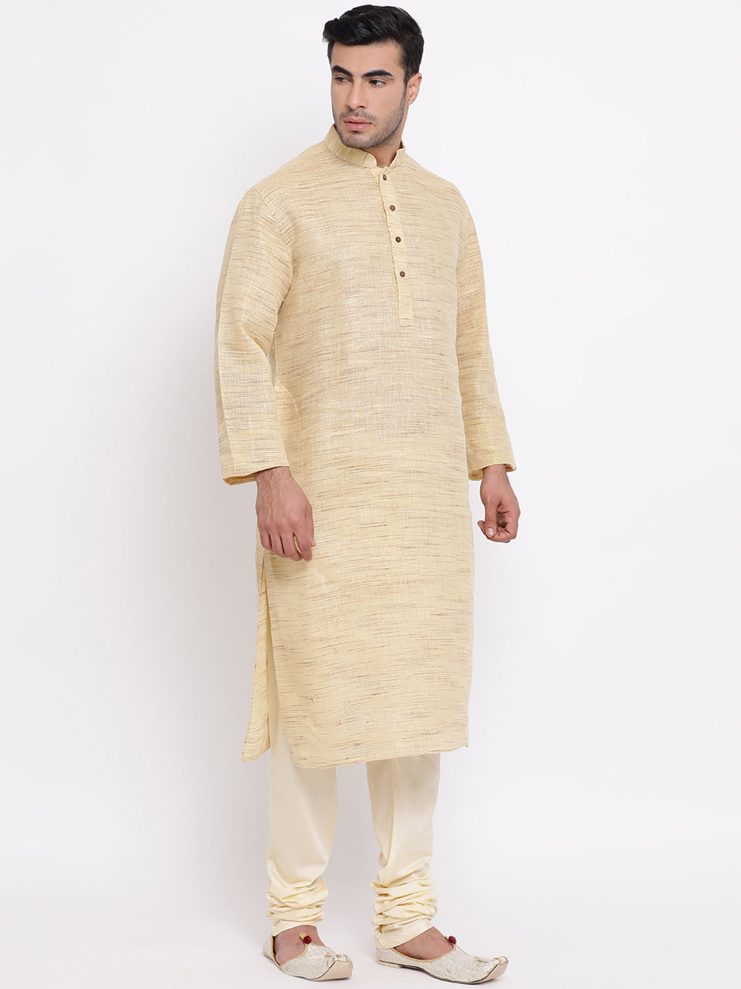 Full Sleeve Self Design Kurta and Churidar Set in Beige Khadi Cotton