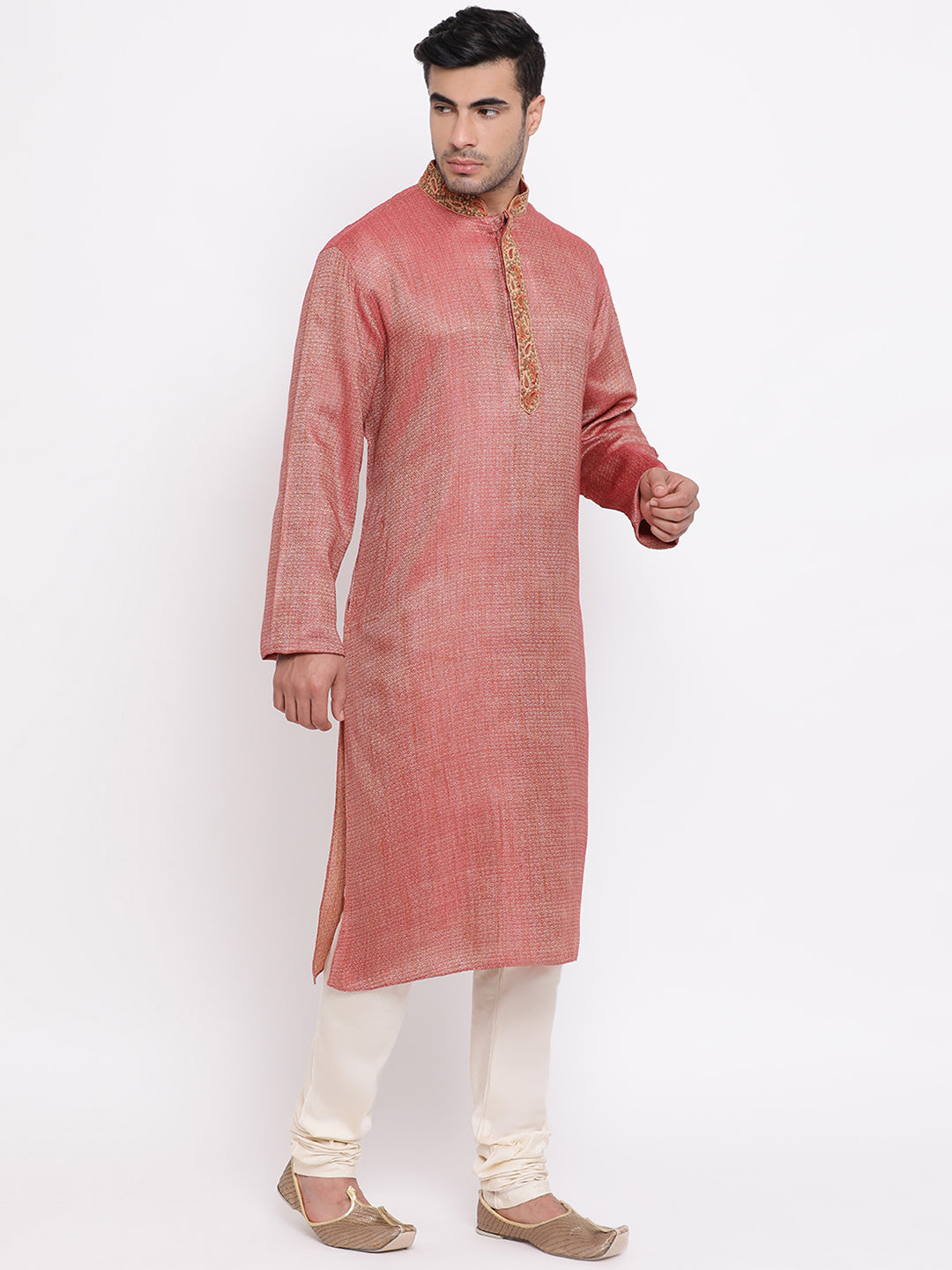 Full Sleeve Embroidered Kurta and Churidar Set in Red Cotton Blend