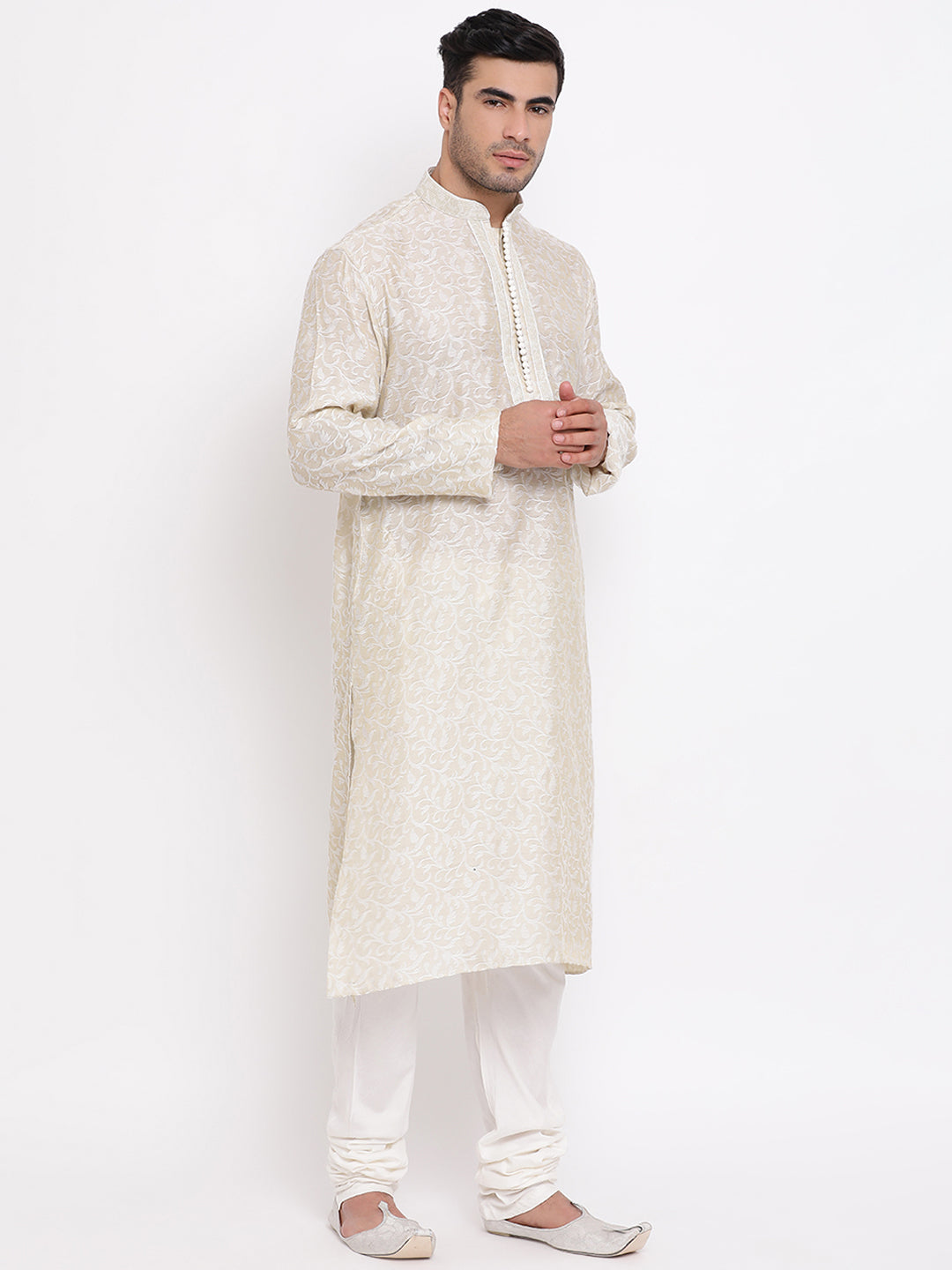 Full Sleeve Polka Print Kurta and Churidar Set in White Jacquard