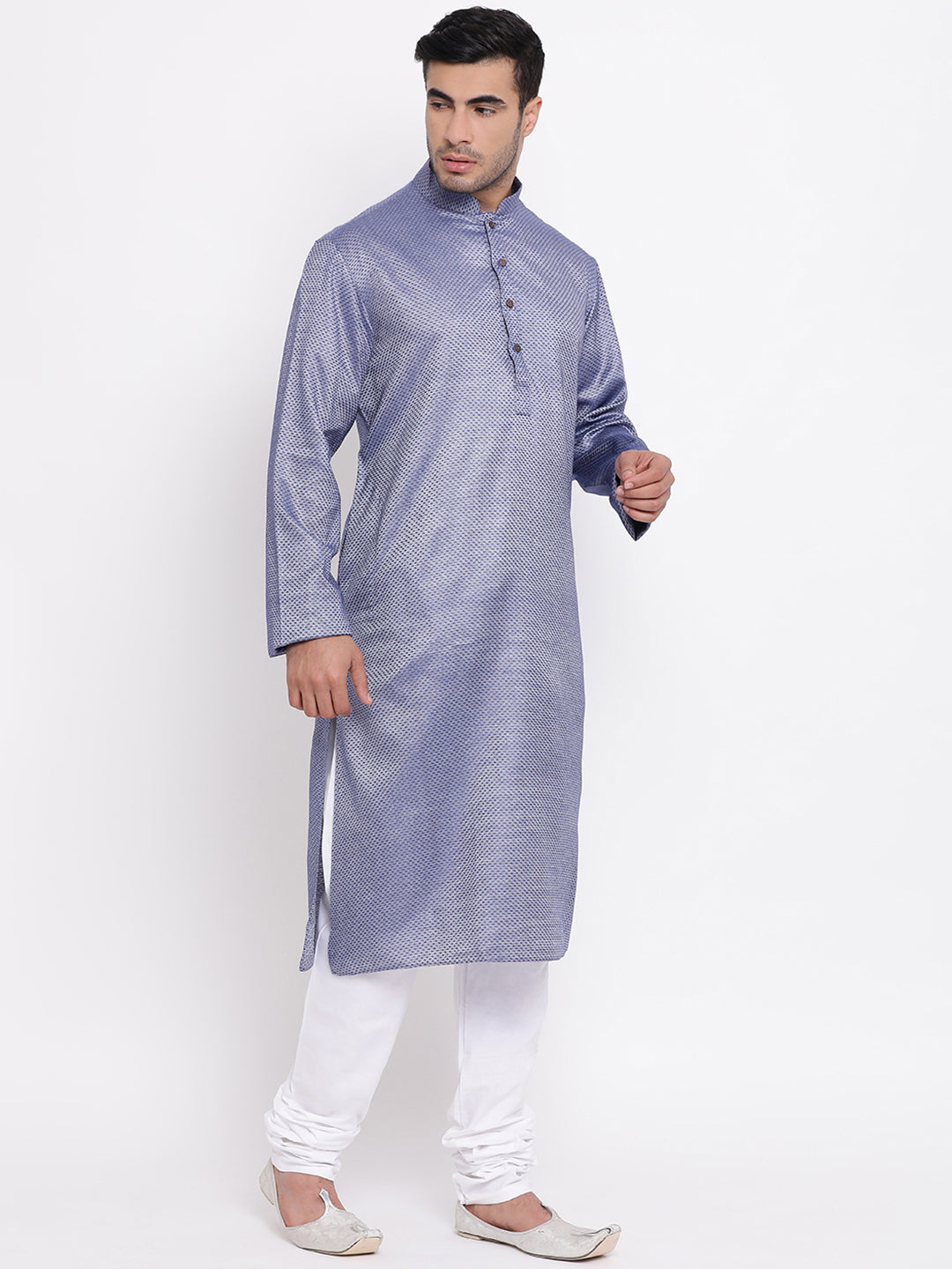 Full Sleeve Solid Kurta and Churidar Set in Blue Cotton Blend