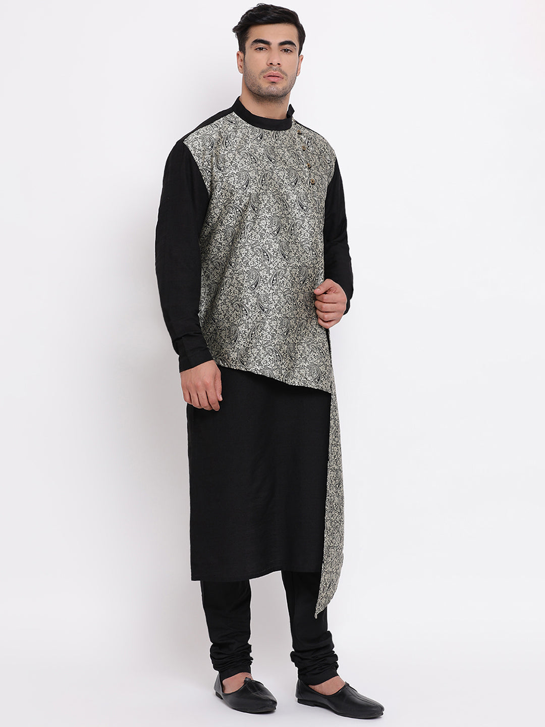 Full Sleeve Floral Print Kurta and Churidar Set in Black Jacquard