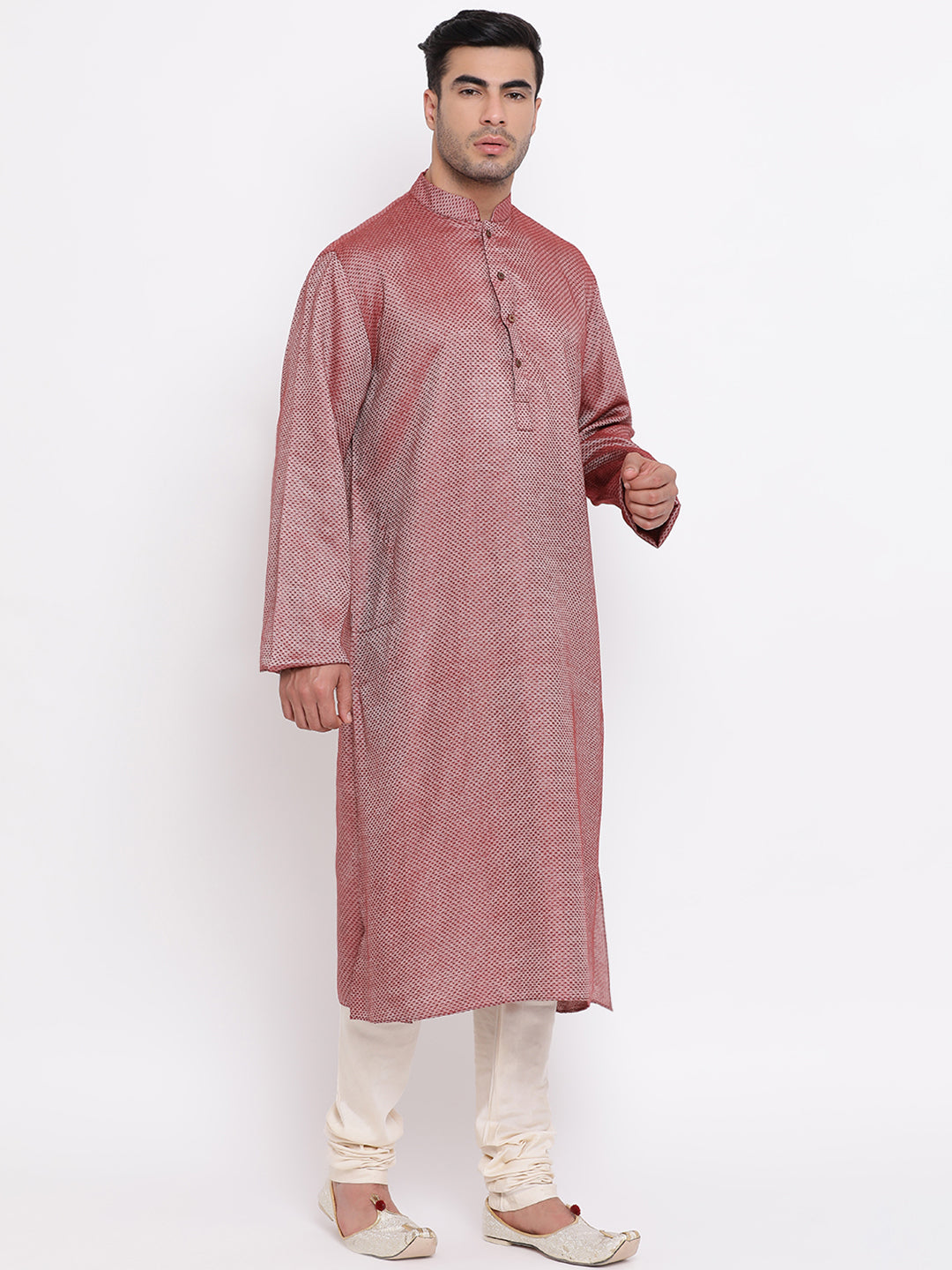 Full Sleeve Solid Kurta and Churidar Set in Maroon Cotton Blend