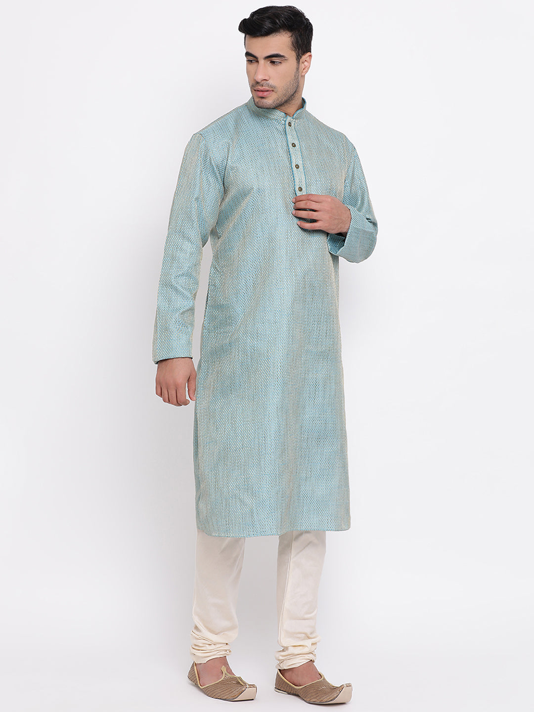 Full Sleeve Self Design Kurta and Churidar Set in Blue Jacquard