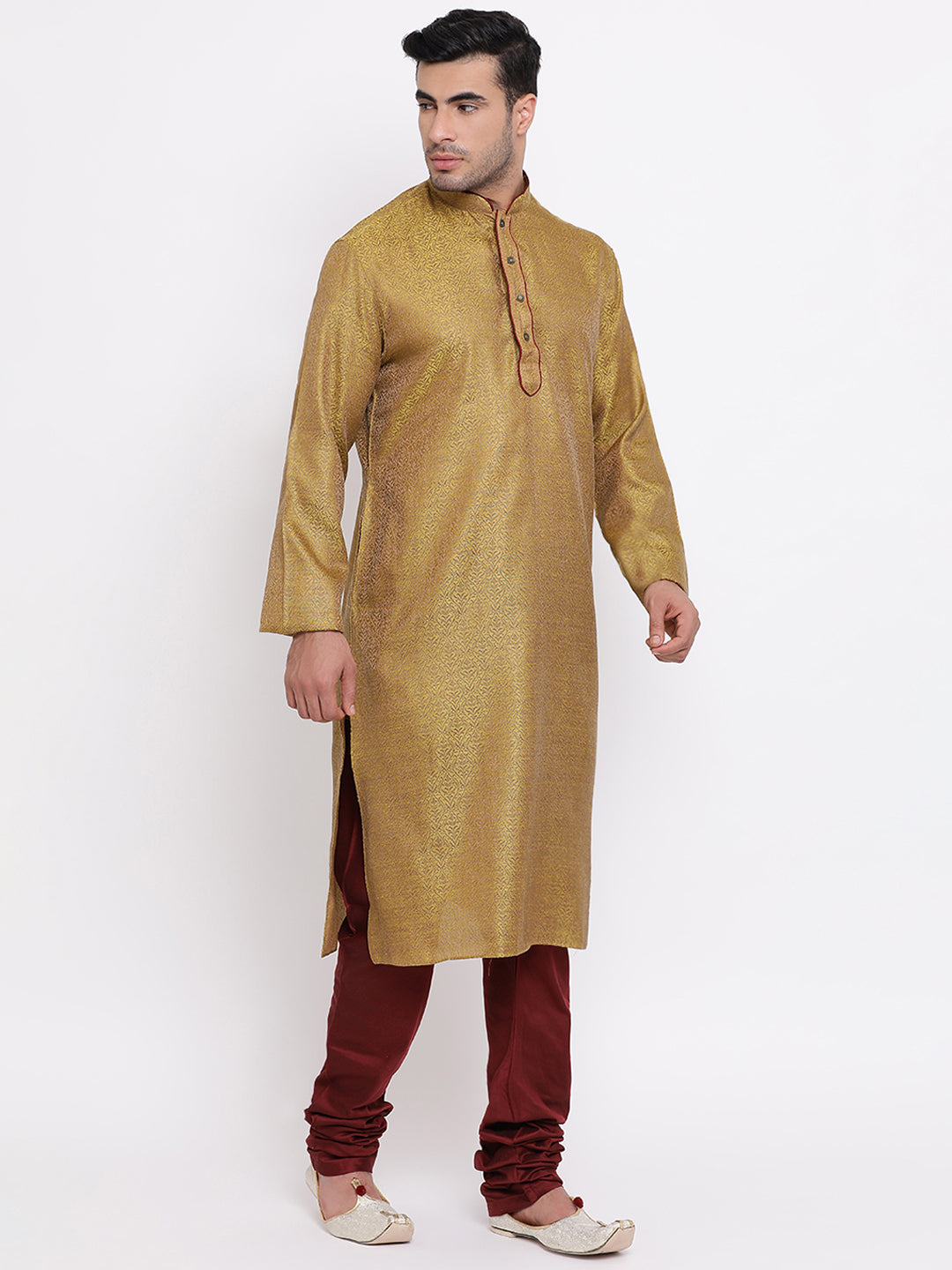 Full Sleeve Woven Kurta and Churidar Set in Dark Green Jacquard