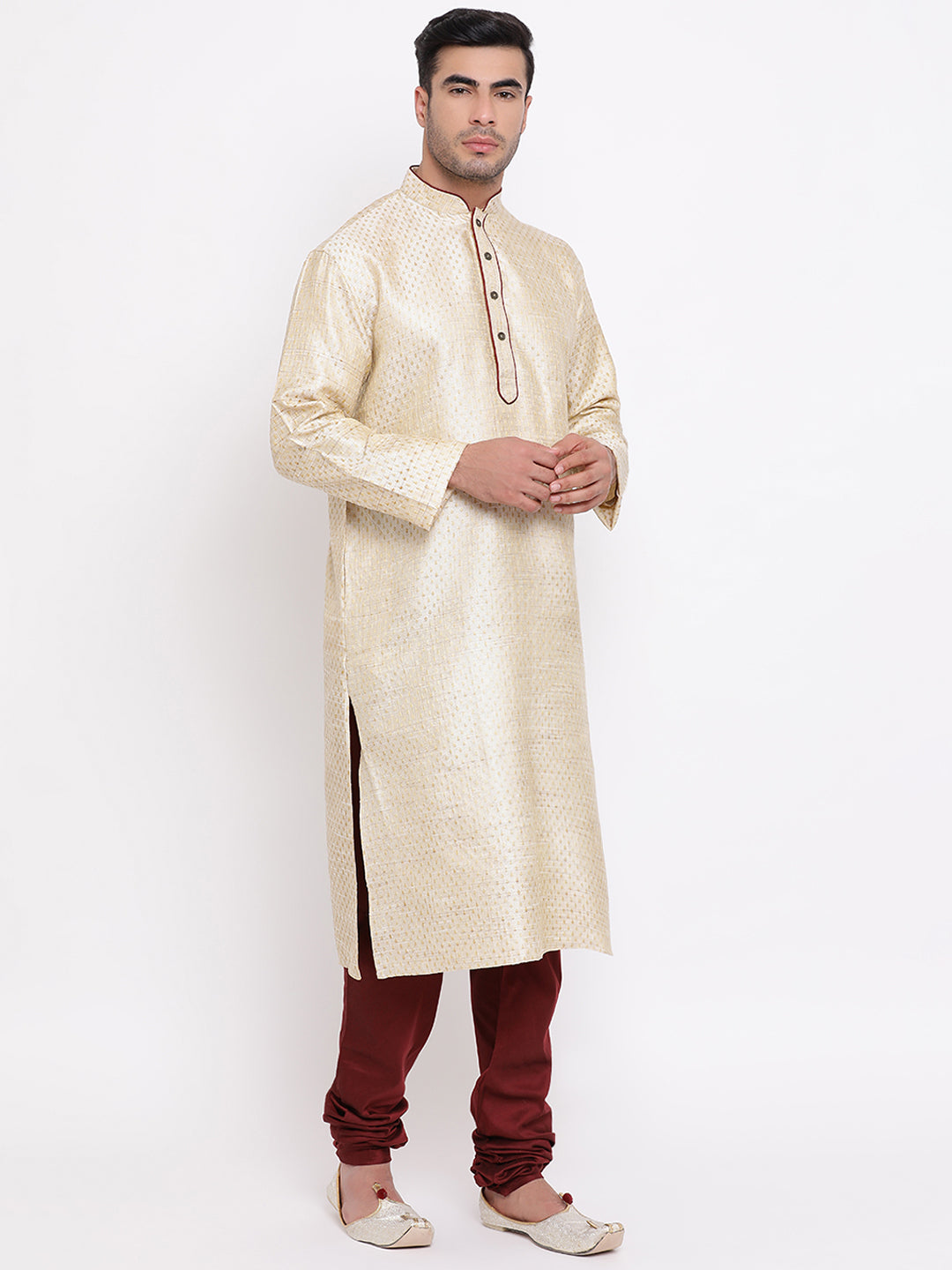 Full Sleeve Woven Kurta and Churidar Set in Beige Jacquard
