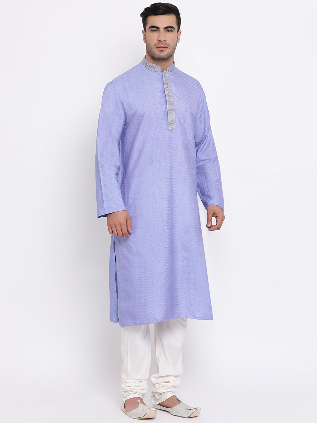Full Sleeve Embroidered Kurta and Churidar Set in Purple Silk Blend