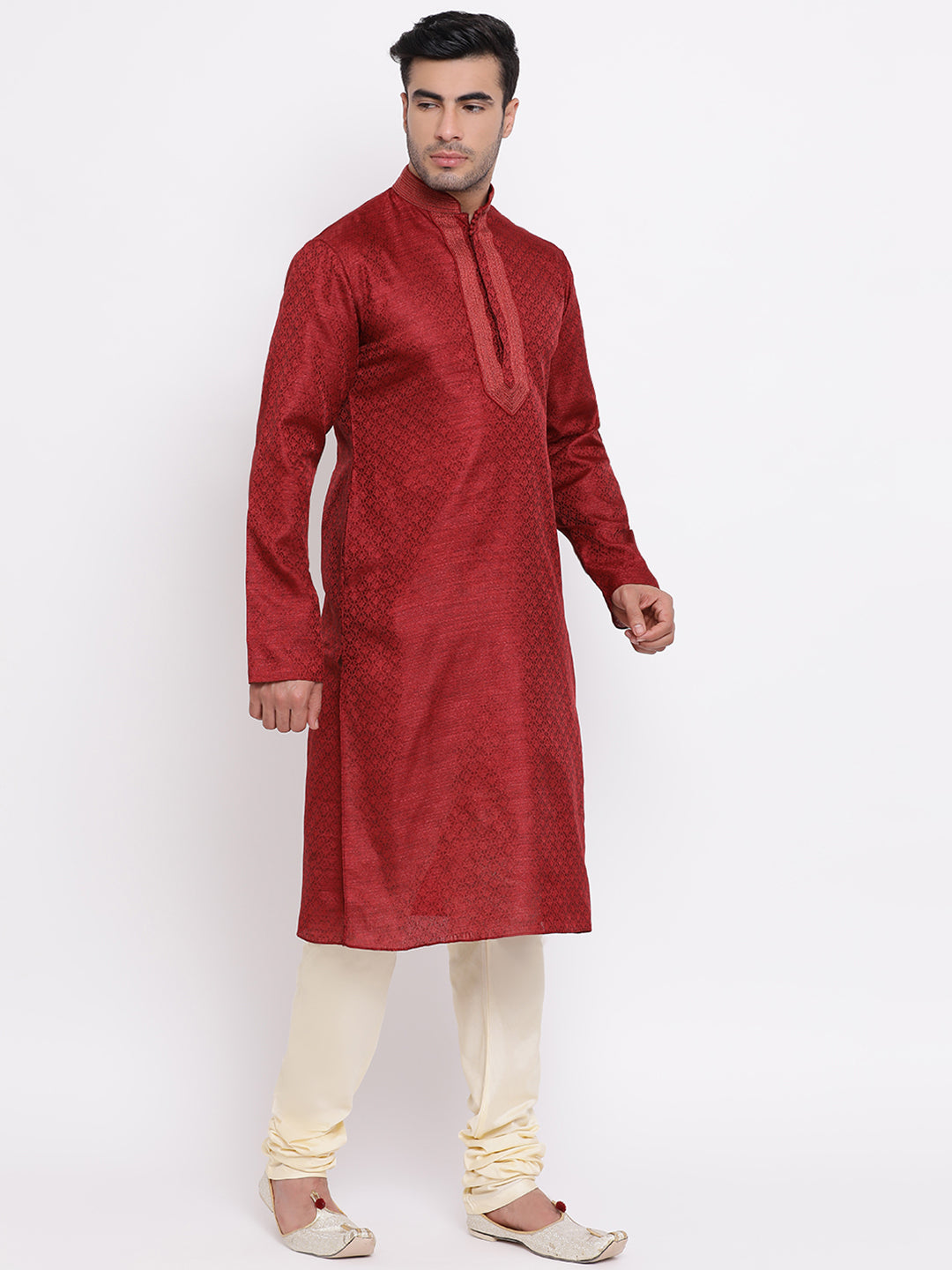 Full Sleeve Printed Kurta and Churidar Set in Maroon Jacquard