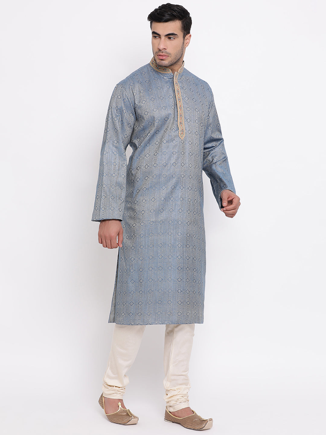Full Sleeve Embroidered Kurta and Churidar Set in Blue Cotton Blend