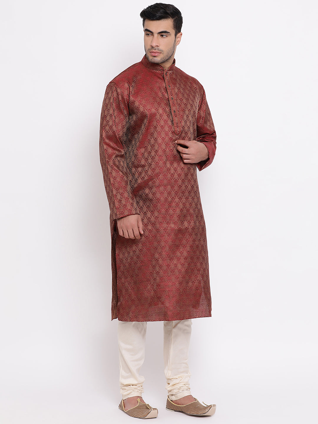 Full Sleeve Self Design Kurta and Churidar Set in Maroon Jacquard