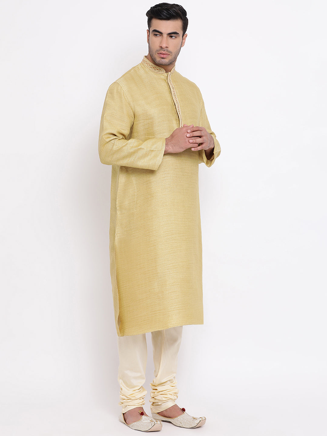 Full Sleeve Embroidered Kurta and Churidar Set in Yellow Cotton Blend