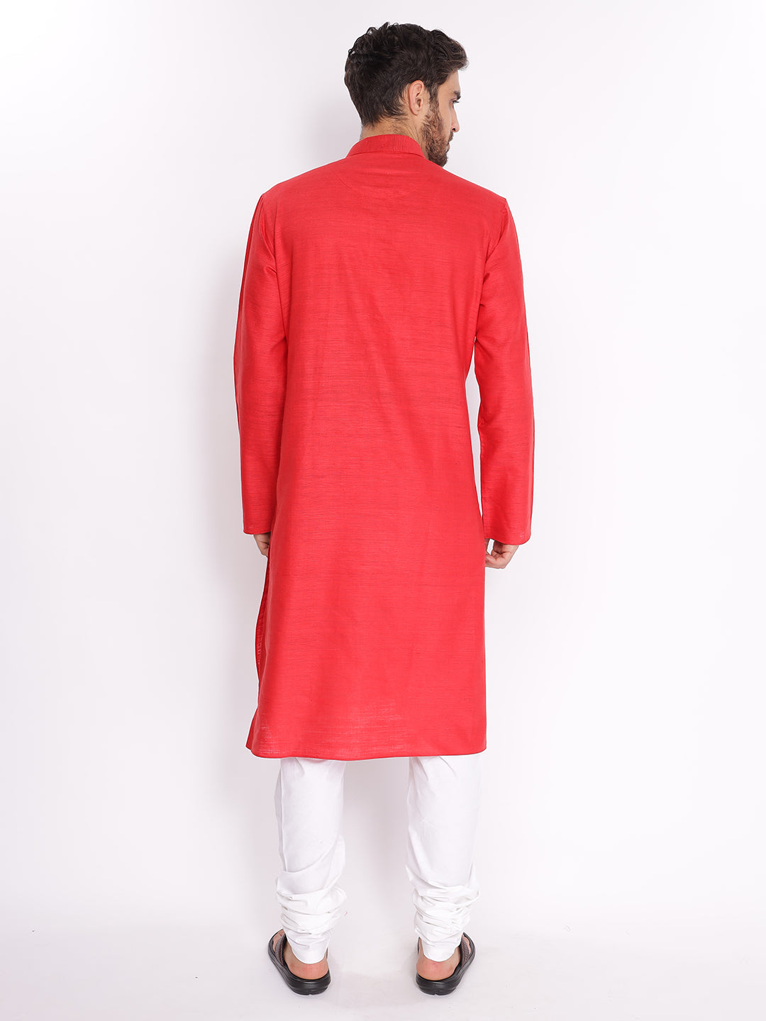 Full Sleeve Solid Kurta and Pyjama Set in Red Khadi Cotton