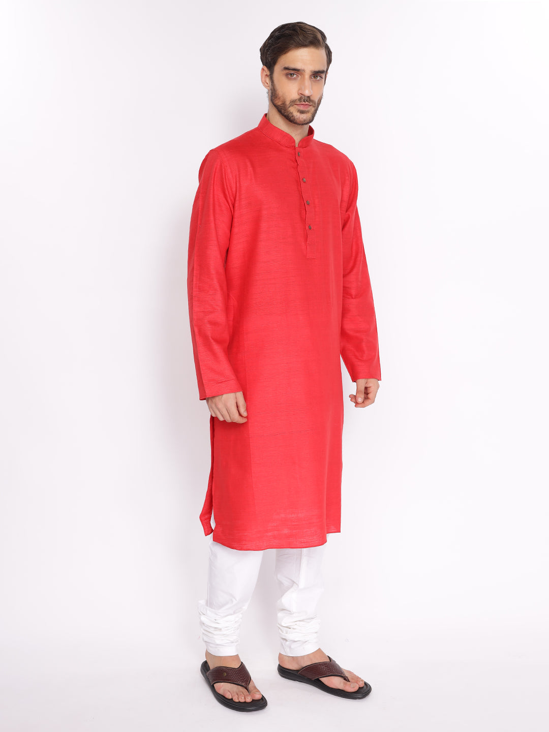Full Sleeve Solid Kurta and Pyjama Set in Red Khadi Cotton