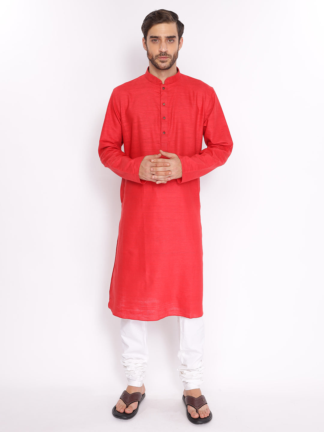 Full Sleeve Solid Kurta and Pyjama Set in Red Khadi Cotton
