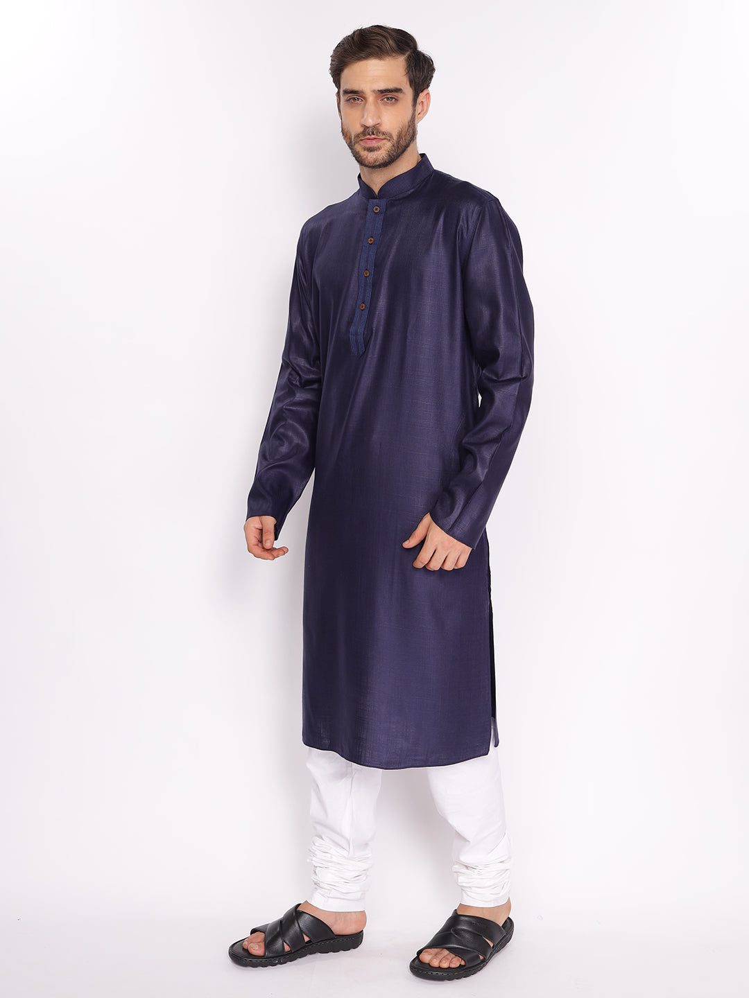 Full Sleeve Solid Kurta and Pyjama Set in Dark Blue Pure Cotton