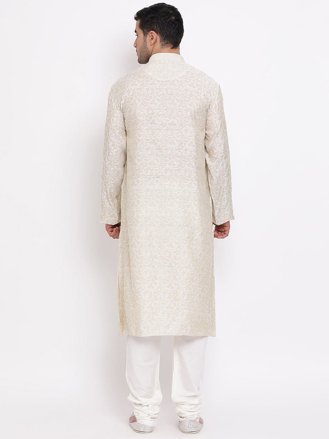 Full Sleeve Polka Print Kurta and Churidar Set in White Jacquard