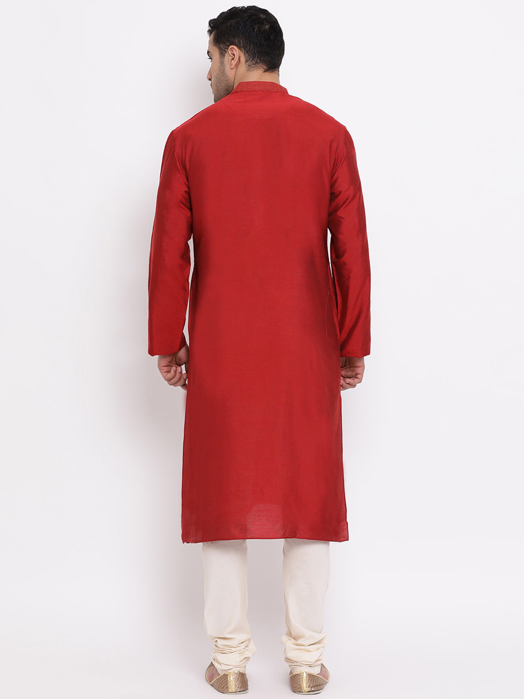 Full Sleeve Solid Kurta and Churidar Set in Red Silk Blend