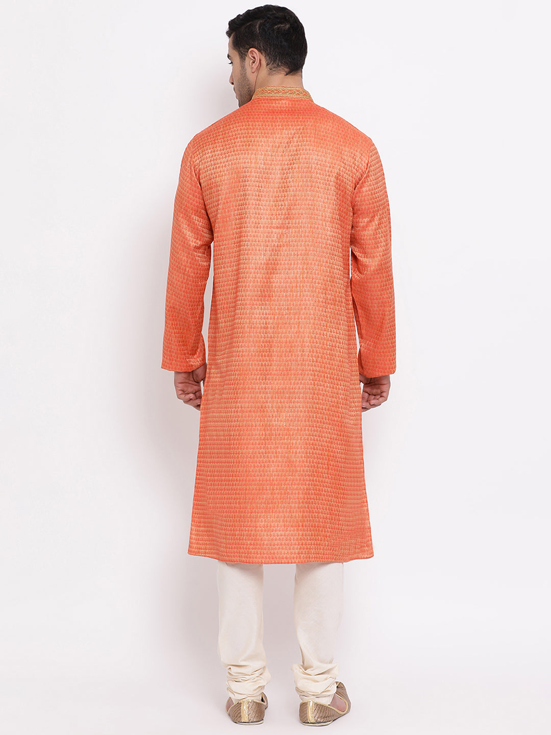 Full Sleeve Embroidered Kurta and Churidar Set in Orange Cotton Blend