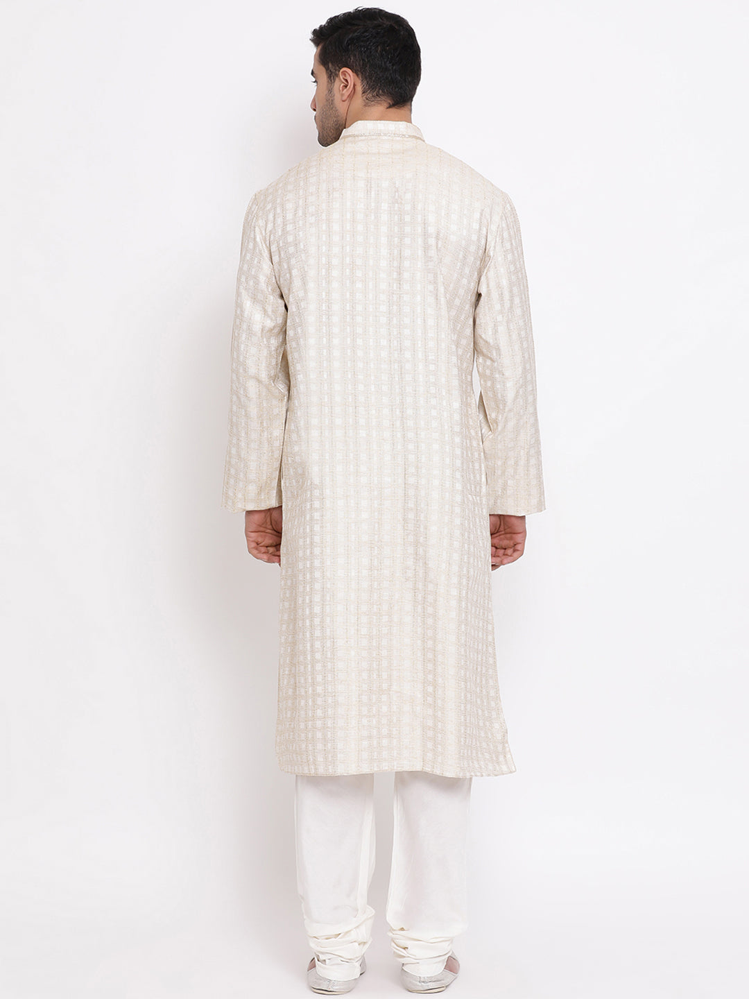 Full Sleeve Woven Kurta and Churidar Set in Beige Khadi Cotton