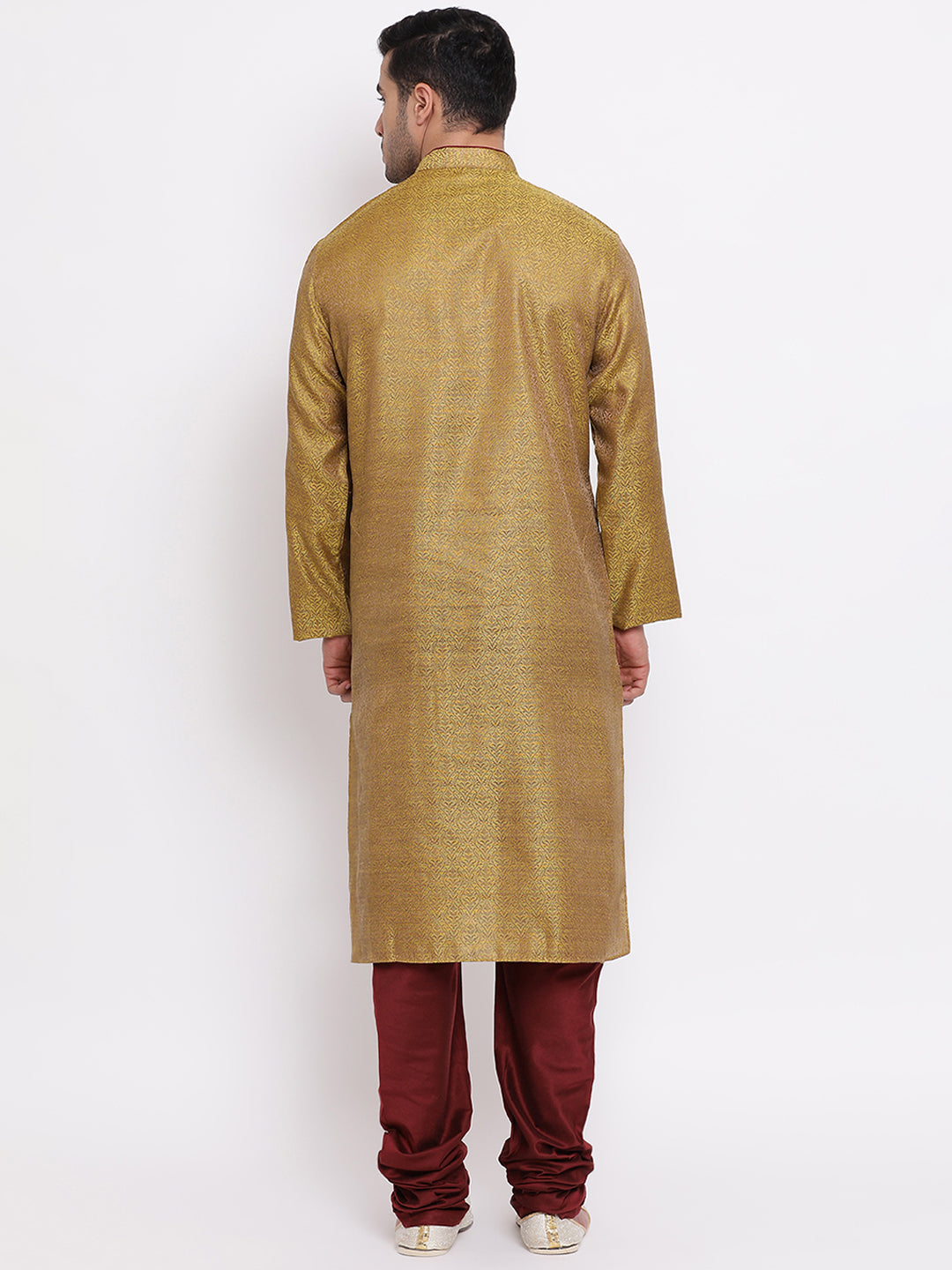 Full Sleeve Woven Kurta and Churidar Set in Dark Green Jacquard